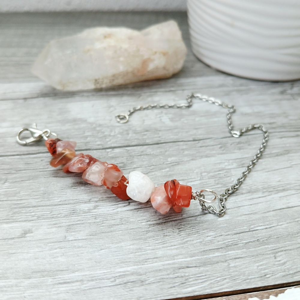 Boho Chic Silver Anklet or Bracelet with Carnelian Gemstone Chips
